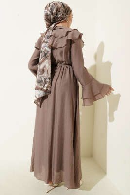 Yaka ve Bilek Fırfırlı Düğmeli Elbise Vizon - Elbise