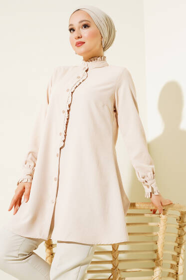 Yaka ve Bilek Fırfırlı Gömlek Bej - Gömlek