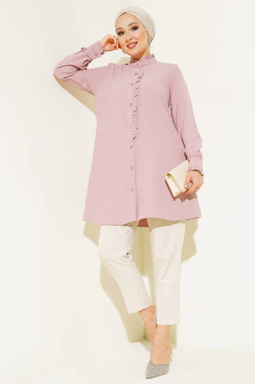 Yaka ve Bilek Fırfırlı Gömlek Gül Kurusu - Gömlek