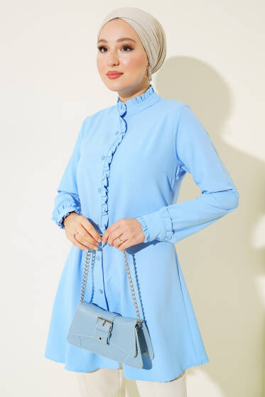 Yaka ve Bilek Fırfırlı Gömlek Mavi - Gömlek