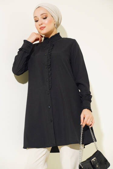 Yaka ve Bilek Fırfırlı Gömlek Siyah - Gömlek
