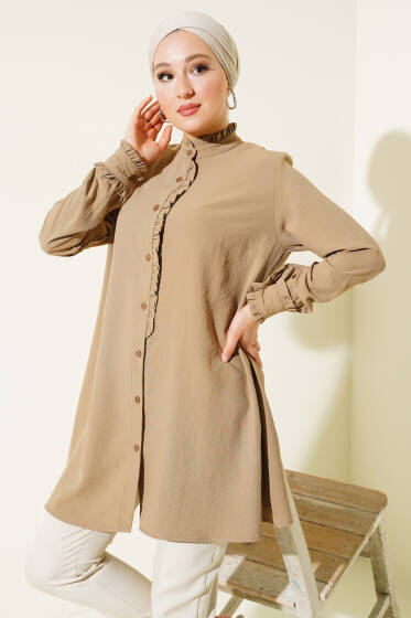 Yaka ve Bilek Fırfırlı Gömlek Vizon - Gömlek