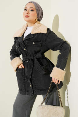 Yaka ve Bilek Kürklü Cepli Kot Ceket Antrasit - HATUN