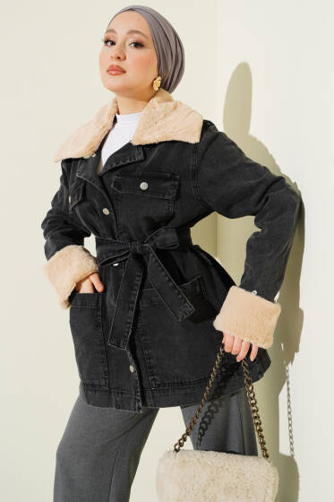 Yaka ve Bilek Kürklü Cepli Kot Ceket Antrasit - Ceket