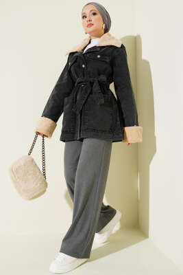 Yaka ve Bilek Kürklü Cepli Kot Ceket Antrasit - Ceket