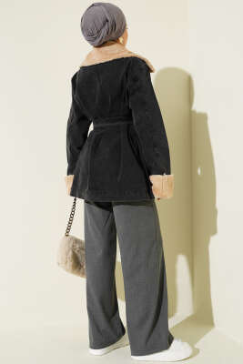 Yaka ve Bilek Kürklü Cepli Kot Ceket Antrasit - Ceket