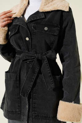 Yaka ve Bilek Kürklü Cepli Kot Ceket Antrasit - Ceket