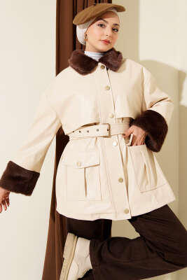 Yaka ve Bilek Kürklü Deri Ceket Bej - HEWES