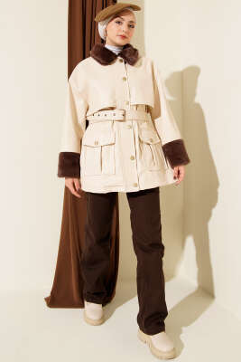 Yaka ve Bilek Kürklü Deri Ceket Bej - Ceket