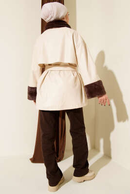 Yaka ve Bilek Kürklü Deri Ceket Bej - Ceket