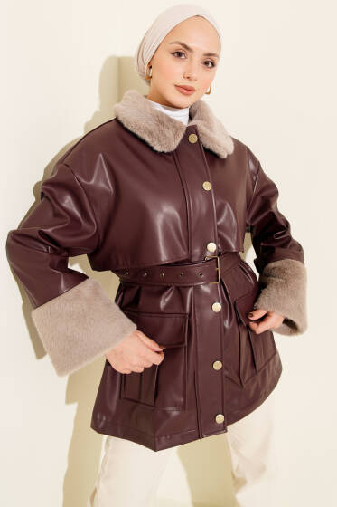 Yaka ve Bilek Kürklü Deri Ceket Bordo - Ceket