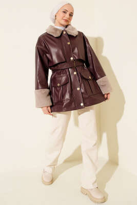 Yaka ve Bilek Kürklü Deri Ceket Bordo - Ceket