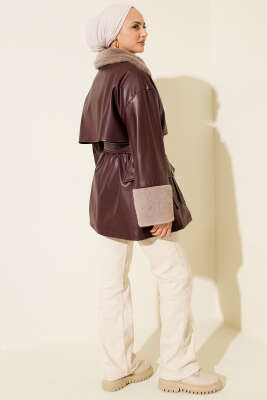 Yaka ve Bilek Kürklü Deri Ceket Bordo - Ceket