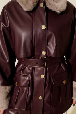 Yaka ve Bilek Kürklü Deri Ceket Bordo - Ceket