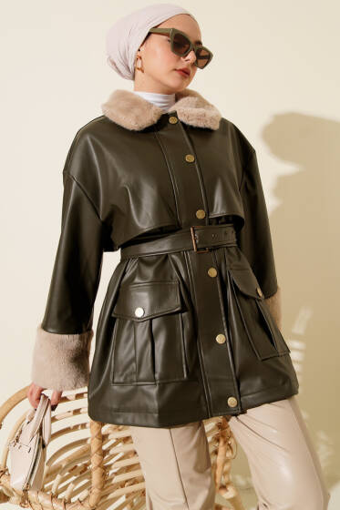 Yaka ve Bilek Kürklü Deri Ceket Haki - Ceket
