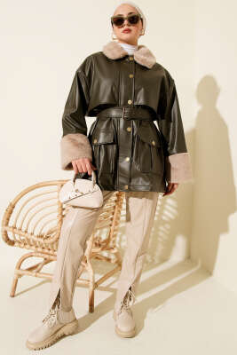 Yaka ve Bilek Kürklü Deri Ceket Haki - Ceket