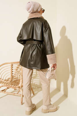 Yaka ve Bilek Kürklü Deri Ceket Haki - Ceket