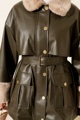 Yaka ve Bilek Kürklü Deri Ceket Haki - Ceket