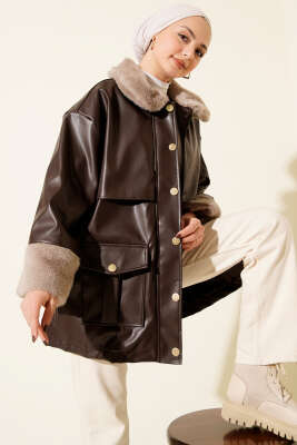 Yaka ve Bilek Kürklü Deri Ceket Kahve - HEWES