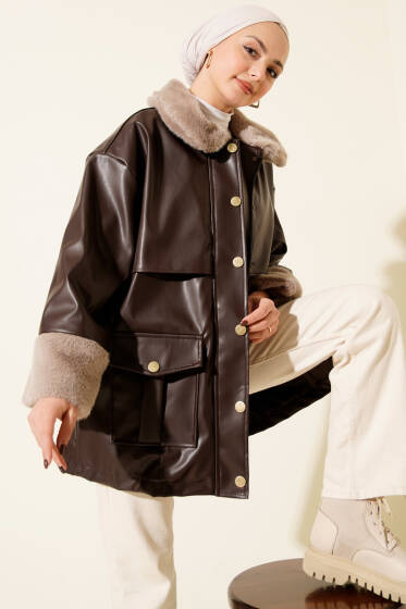 Yaka ve Bilek Kürklü Deri Ceket Kahve - Ceket
