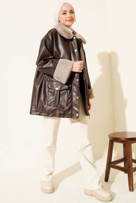 Yaka ve Bilek Kürklü Deri Ceket Kahve - Ceket