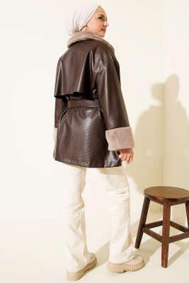 Yaka ve Bilek Kürklü Deri Ceket Kahve - Ceket