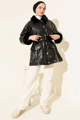Yaka ve Bilek Kürklü Deri Ceket Siyah - Ceket