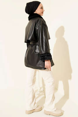 Yaka ve Bilek Kürklü Deri Ceket Siyah - Ceket