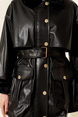 Yaka ve Bilek Kürklü Deri Ceket Siyah - Ceket