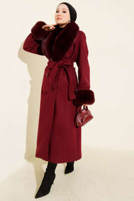 Yaka ve Bilek Kürklü Kaşe Kaban Bordo - Kaban