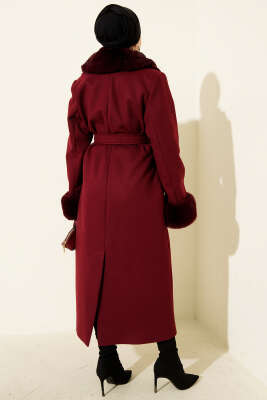 Yaka ve Bilek Kürklü Kaşe Kaban Bordo - Kaban