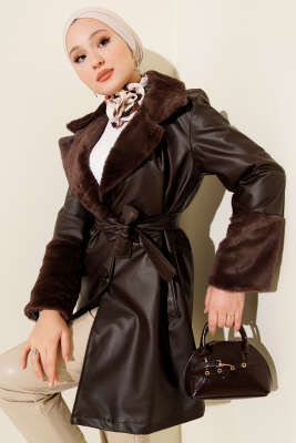 Yaka Ve Bilek Kürklü Kısa Deri Trençkot Kahve - ENTER TEKSTİL