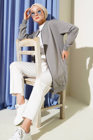 Yaka ve Bilek Ribanalı Hırka Gri - Hırka