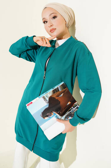 Yaka ve Bilek Ribanalı Hırka Petrol - Hırka