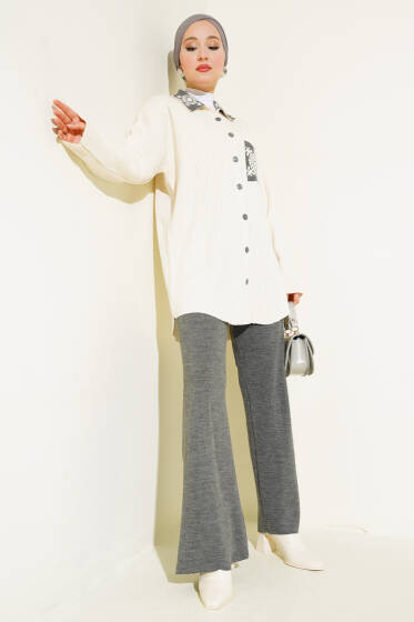 Yaka ve Cep Motifli Triko İkili Takım Füme - İkili Takım