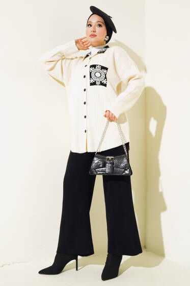 Yaka ve Cep Motifli Triko İkili Takım Siyah - İkili Takım