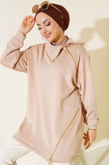 Yaka Ve Etek Ucu Fermuar Detaylı Tunik Bej - Tunik