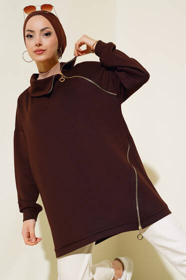 Yaka Ve Etek Ucu Fermuar Detaylı Tunik Kahve - Tunik