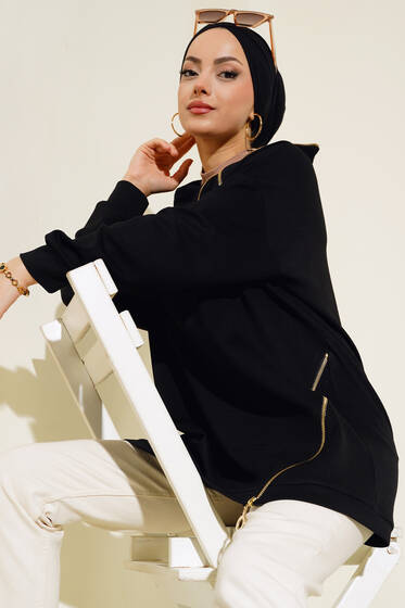 Yaka Ve Etek Ucu Fermuar Detaylı Tunik Siyah - Tunik