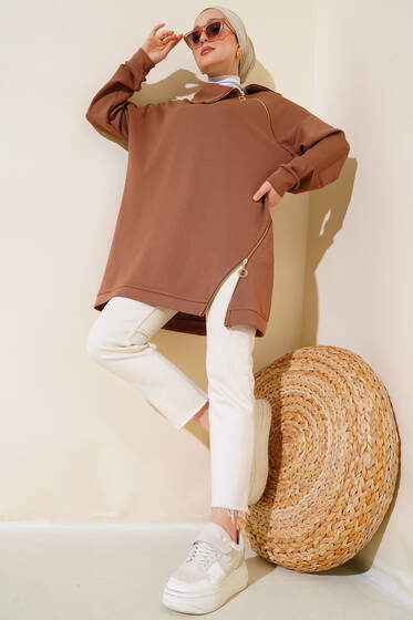 Yaka Ve Etek Ucu Fermuar Detaylı Tunik Taba - Tunik