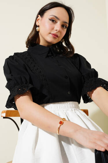 Yaka ve Kol Dantelli Kısa Gömlek Siyah - Gömlek