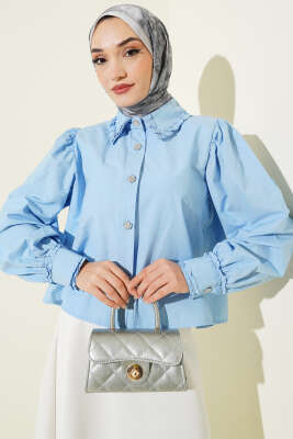 Yaka ve Kol Fırfırlı Kısa Gömlek Bebe Mavi - VAV TEKSTİL