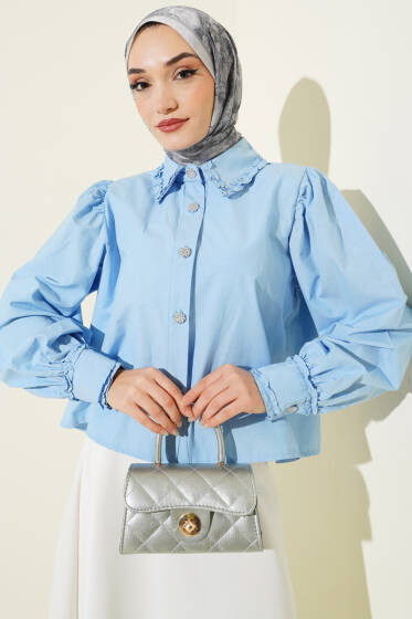 Yaka ve Kol Fırfırlı Kısa Gömlek Bebe Mavi - Gömlek