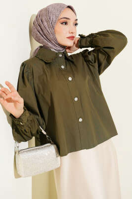 Yaka ve Kol Fırfırlı Kısa Gömlek Haki 