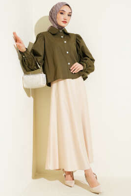 Yaka ve Kol Fırfırlı Kısa Gömlek Haki - Gömlek