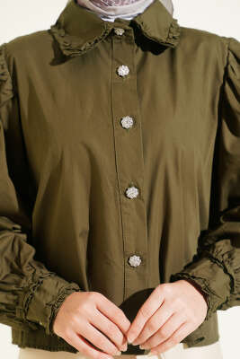 Yaka ve Kol Fırfırlı Kısa Gömlek Haki - Gömlek