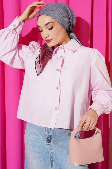 Yaka ve Kol Fırfırlı Kısa Gömlek Pembe - Gömlek