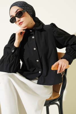 Yaka ve Kol Fırfırlı Kısa Gömlek Siyah - VAV TEKSTİL