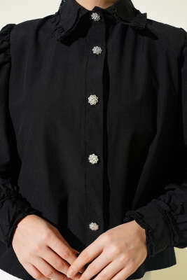 Yaka ve Kol Fırfırlı Kısa Gömlek Siyah - Gömlek