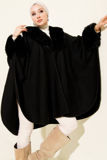Yaka ve Kol Kürk Detaylı Panço Siyah - Panço